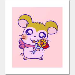 cute pink scarf pastel hamster pashmina with sunflower and tulip Posters and Art